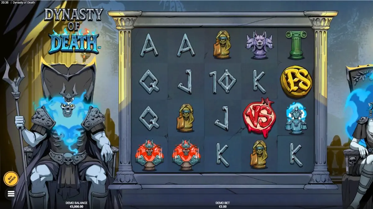 Tampilan visual slot Dynasty of Death dengan tema mitologi Yunani yang gelap dan elegan.