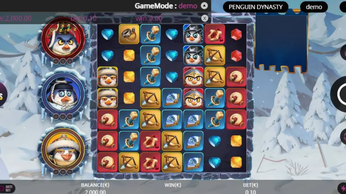 Tampilan visual slot Penguin Dynasty dengan tema penguin kaisar dan istana es.